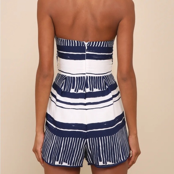 Delphi Blue and White Striped Tie-Front Strapless Romper - Picture 2 of 3